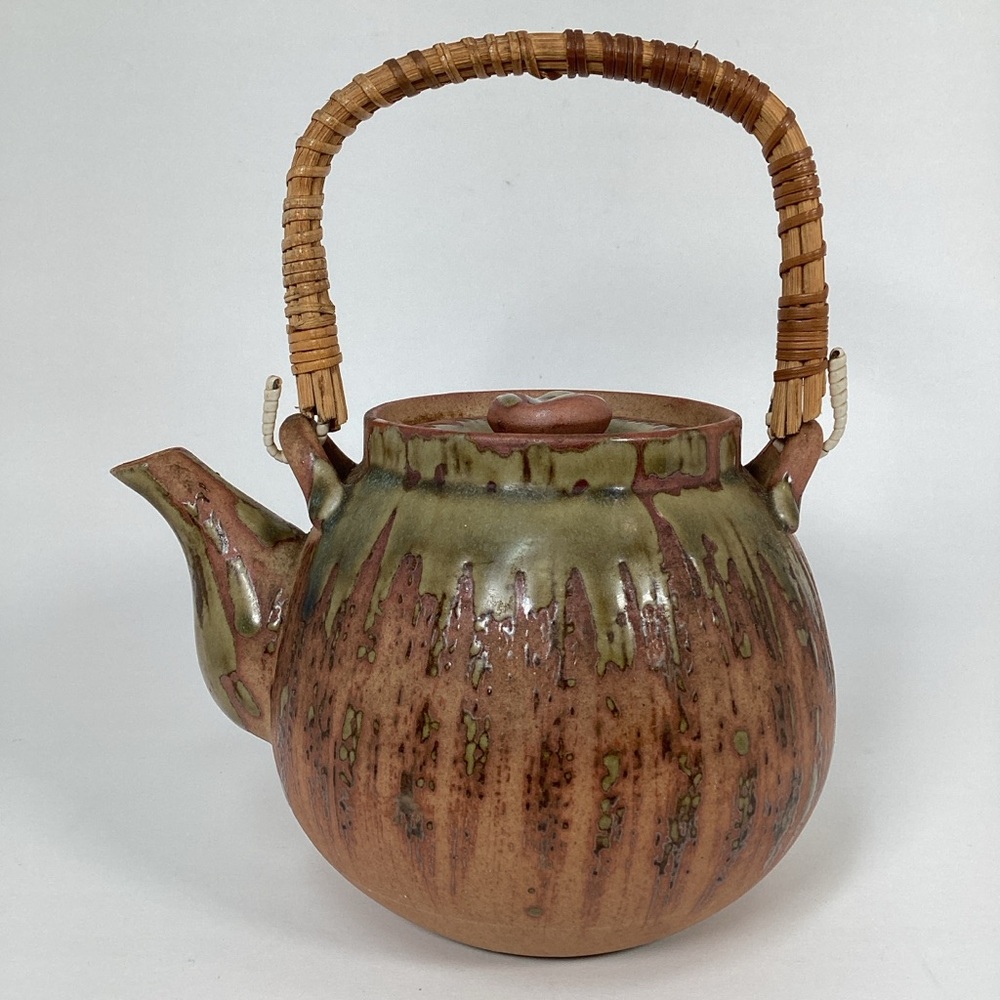 Vintage Earthenware Teapot With Rattan Handle, Glaze Drip EUC
